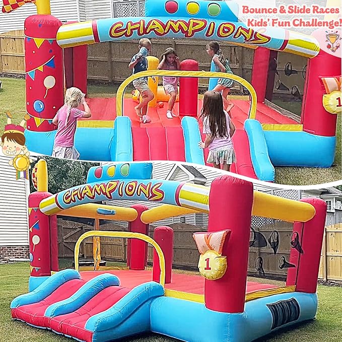 AKEYDIY Inflatable Obstacle Course Bounce House for Kids, 13.12FT x 11.16FT Racing Party Bouncy House for Kids 3-12 w/Large Jumping Area, Basketball Hoop & Racing Slide, Target Toss Game, 550W Blower