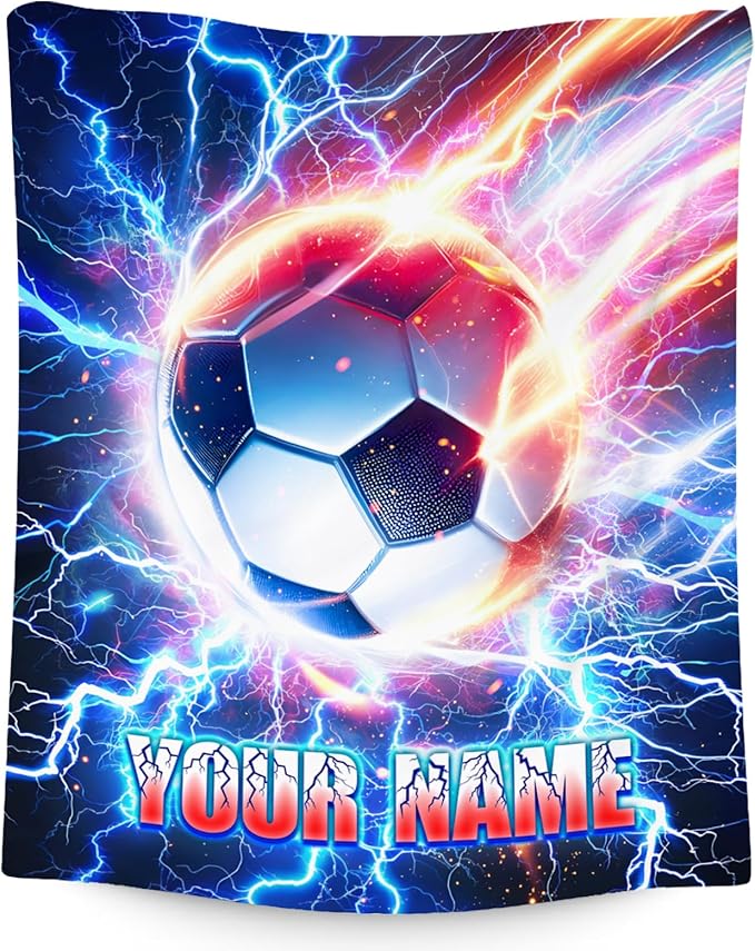 Soccer Blanket for Boys Personalized Kids Throw Gifts - Custom Name Soft Plush Blankets for Couch, Bedroom & Living Room (4 Sizes Choose)