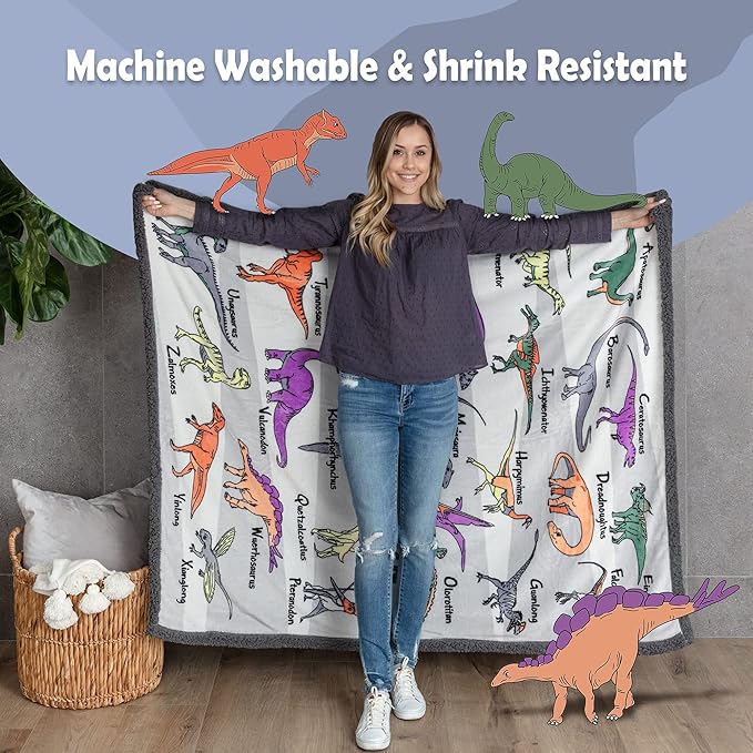 Alphabet Dinosaur Blanket - 50x60 inch Plush Mink & Sherpa Fleece Dinosaur Throw Blankets - Adorable Dino Blanket for Boys or Girls, with 26 Dinos A-Through-Z