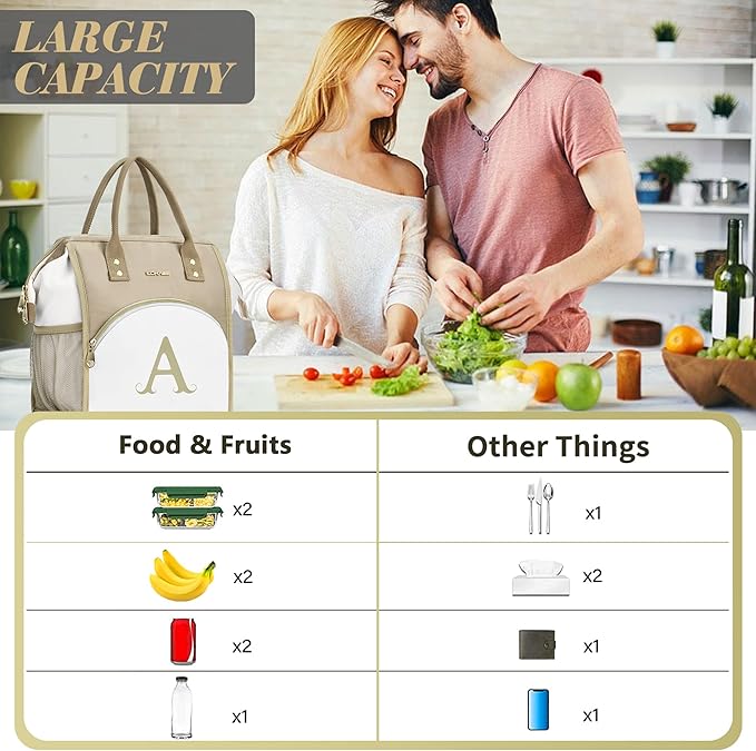 Personalized Lunch Box for Women, Initial Reusable Insulated Lunch Bag, Wide-Open Adult Lunchbox Cooler Lunchbag, Leakproof Lunch Tote for Picnic Work Outdoors, Christmas Gift for Women, Brown - M