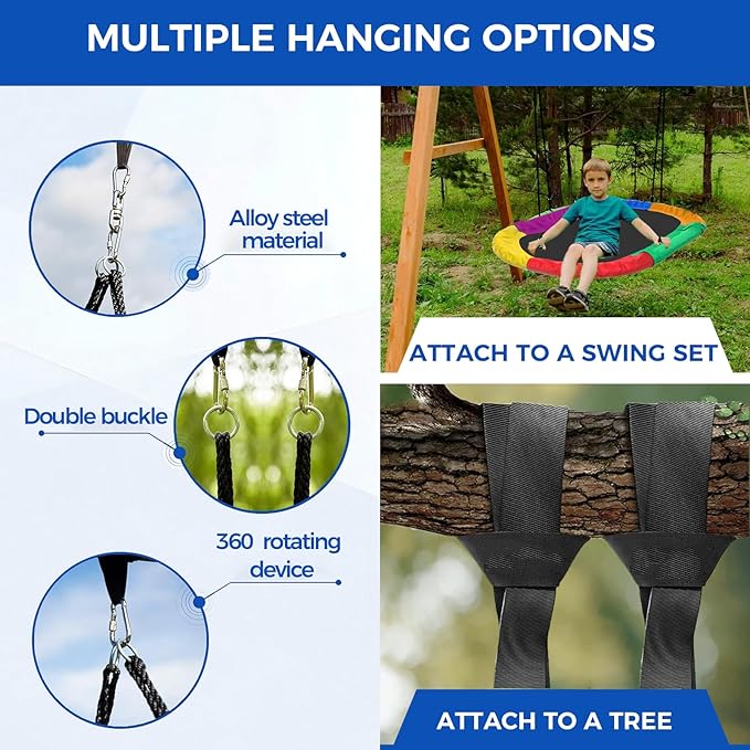 Tree Swing – 60 Inch Oval Saucer Swing for Kids and Adults Outdoor – Backyard Tree Swings with 700Lb Weight Capacity, 900D Oxford Waterproof Fabric Hanging Straps (Multicolor)
