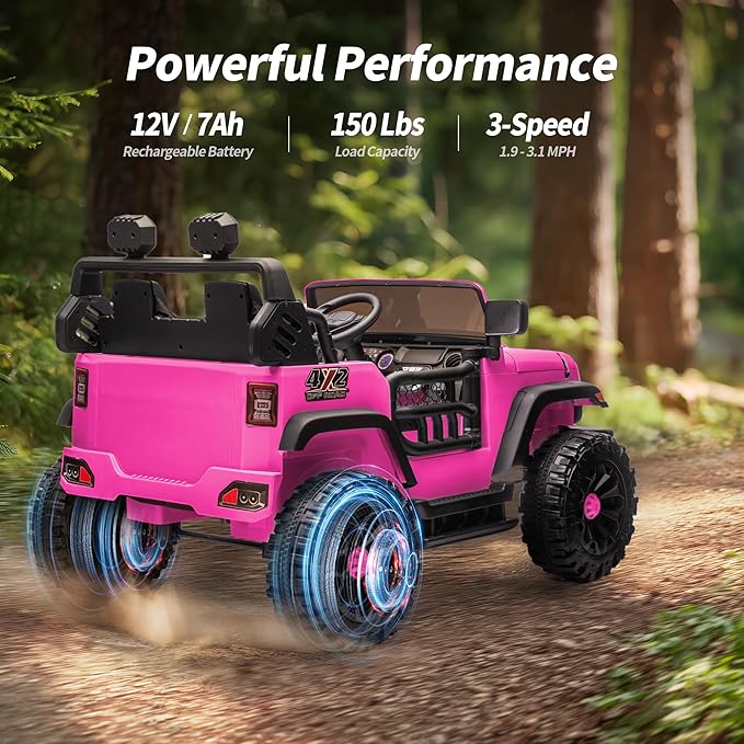 2 Seater Ride on Car Toy, 12V Electric Car for Kids 4-8 with Remote Control, Capacity 150 lb, LED Light - Hot Pink