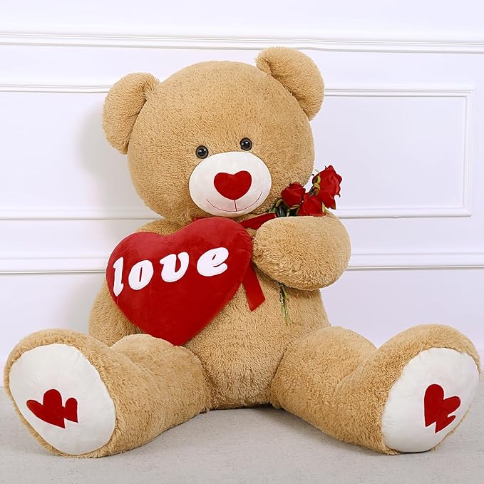 MorisMos Love Heart Giant Teddy Bear 4.3ft, I Love You Large Bear for Girlfriend, Soft Valentine Stuffed Animals Plush Gift for Boyfriend, Brown, 51Inch