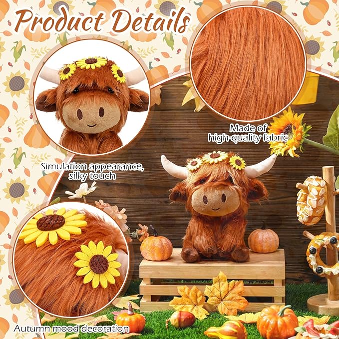 1 Pcs Fall Thanksgiving Highland Cows Stuffed Fall Brown Cute Sunflower Animal Stuff Fluffy Cattle Dolls Farm Plush Toy for Men and Women Autumn Party Gift Decoration