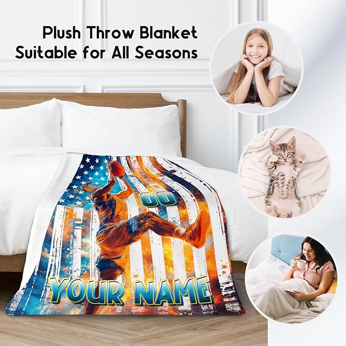 Basketball Blanket for Boys, Custom Kids Blankets, Personalized Gifts with Name, Sports Theme Throw, Soft Fleece Throw for Boys, 50"x60"