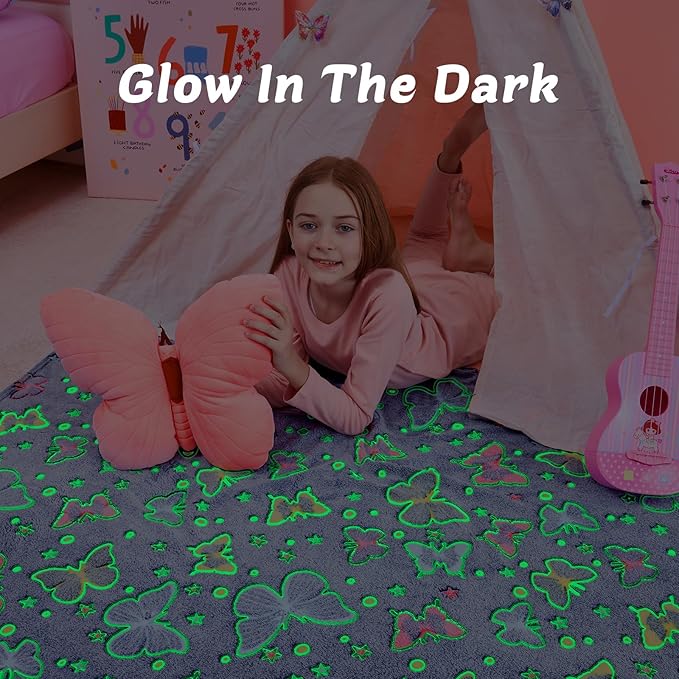 QSTEHEML Butterfly Glow in The Dark Blanket,Butterfly Gifts Toys for Kids Girls Age 3-12 Years Old, Birthday, for Daughter, Toddler, Teen, and Grandkids Soft Throw 50"×60"
