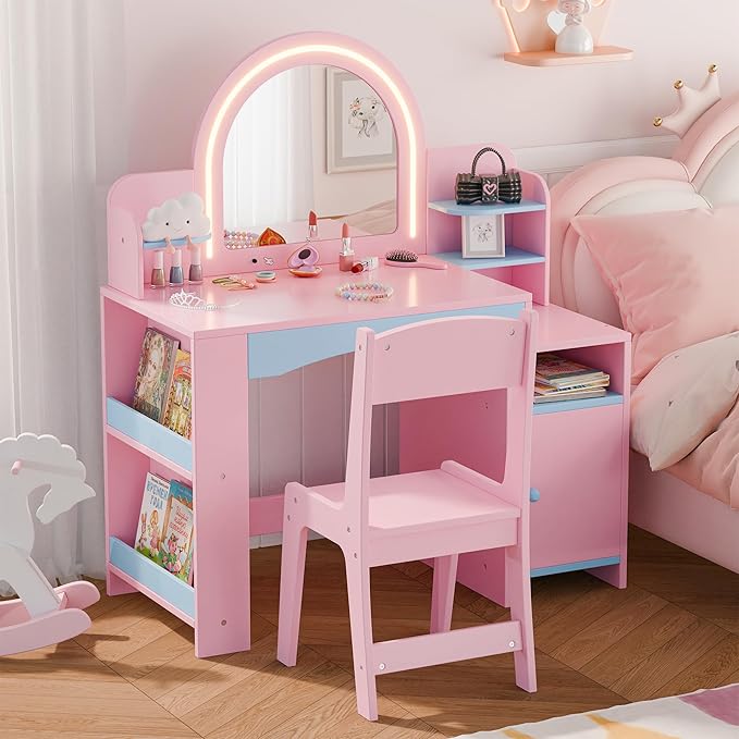 MU Kids Vanity with Lights, Princess Makeup Vanity Desk with Open Bookshelf, Storage Cabinet & Shelves, 2 in 1 Toddler Vanity Table & Chair Set with Lighted Mirror for Little Girls (Blue)