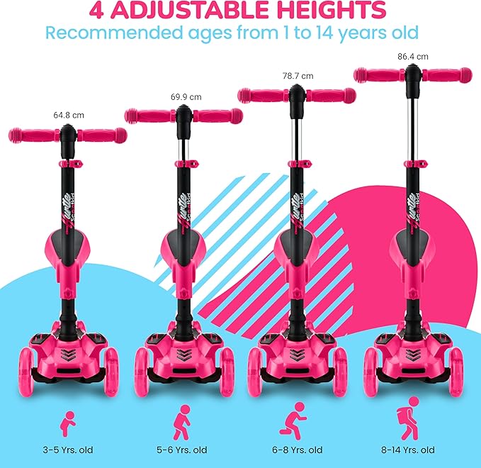 Hurtle 3-Wheeled Scooter for Kids - Wheel LED Lights, Adjustable Lean-to-Steer Handlebar, and Foldable Seat - Sit or Stand Ride with Brake for Boys and Girls Ages 1-14 Years Old