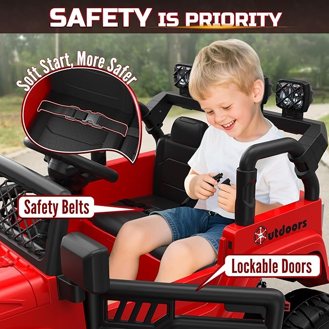 2 Seater Ride On Car for Kids, EVA Tires, 24V 4WD Electric Car w/Remote Control, Bluetooth, LED Lights, Ride On Truck for Boys and Girls Aged 3-8, Red