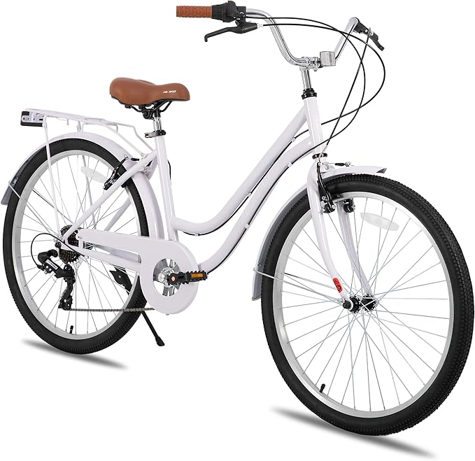 HILAND 26 inch Beach Cruiser Bike for Men and Women, 7 Speed Step-Through Frame Adult Bicycle with Rear Rack, Retrospec Bike Commuter City Bicycle