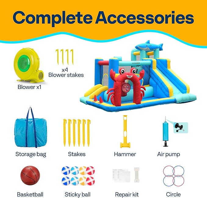 VIVOHOME 7 in 1 Bounce House for Kids, Sea Theme Inflatable Bouncy Castle with Slide, 12x10 FT Inflated Bouncer for Outdoor with Blower, Basketball, Climb, Jump Area, Ball, Water Pool, Hoop