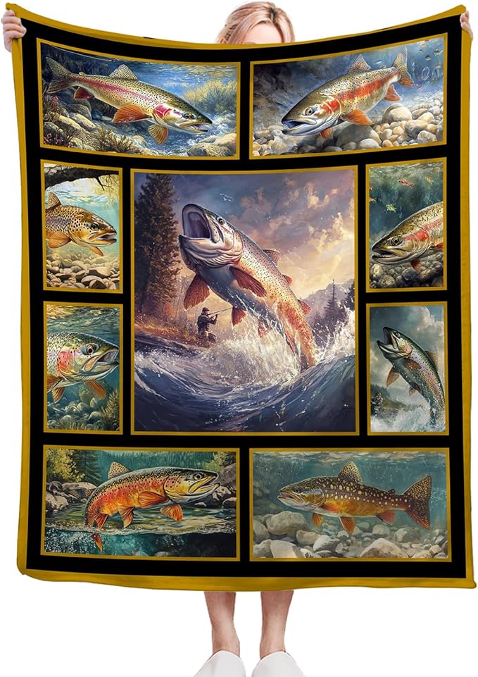 Fishing Throw Blanket Ultra Soft Cozy Rainbow Trout Fish Blanket Fleece Fuzzy Plush Fishing Lovers Decor Gifts for Women Girls Adults Couch Sofa 80"x60"