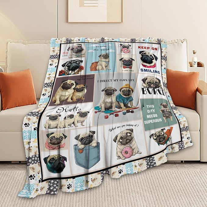Pug Throw Blanket Pug Puppy Stuff Gifts for Dog Lover Kids Girls Boys Adults Women Men Soft Cozy Warm Plush Fluffy Fuzzy Fleece Blanket Decor 50''X60''