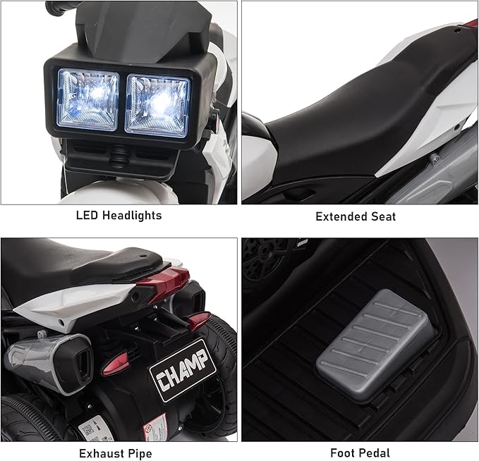 Aosom 6V Kids Motorcycle Toddler Ride-on Toy, High-Traction Battery-Operated Mini Electric Motorbike with Forward/Reverse Switch, Music, Headlights, Horn, White