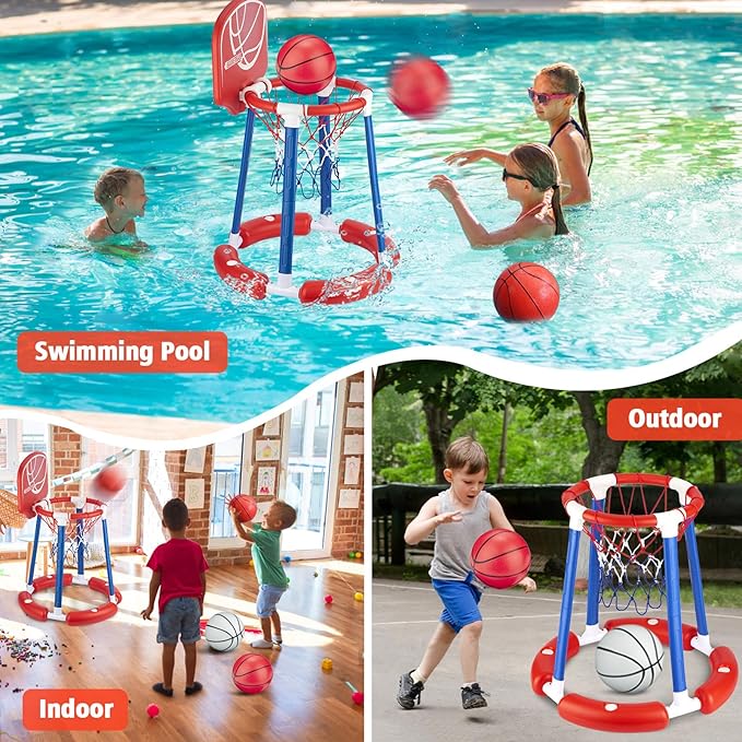Pool Basketball Hoop with Backboard, Floating Pool Toy for Kids, Inflatbale Pool Basketball Outdoor Toys with 4 Balls & Pump for Swimming Pool, Water Summer Game for Kids Adults, Red