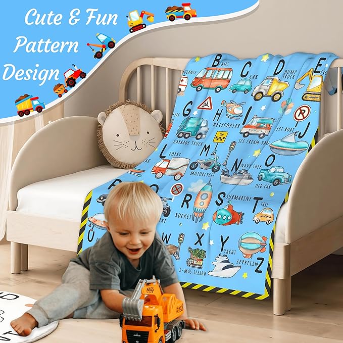 ABC Truck Alphabet Transportation Blanket Throw Super Soft and Cozy Blankets for Home Decoration, Couch, Bed, Sofa 120 in x 90 in Extra Large for Family for All Seasons