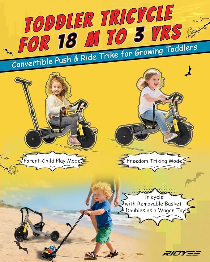 2-in-1 Tricycle for Toddlers Ages 1.5–3, Trike with Extended Push Handle, Removable Wagon-Style Basket, Adjustable Handlebar with Tassels, and Fore-AFT Adjustable Seat, Grey