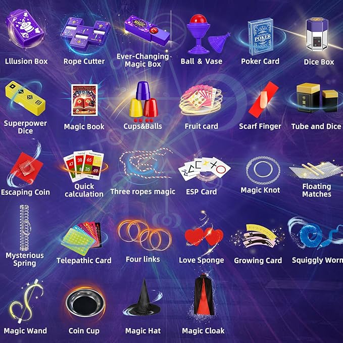 Magic Tricks Kit, 30 in 1 Magic Tricks Set for Kids Age 6 7 8 9 10 11 12, Magician Costume for Pretend Play & Step-by-Step Video Instruction for Beginners, Christmas Halloween Birthday Gifts for Kids