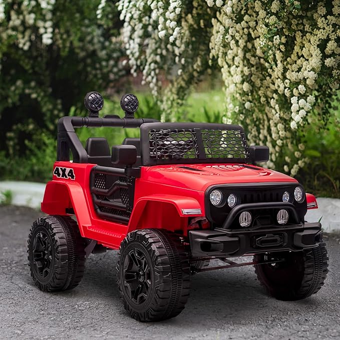 Aosom 12V Kids Ride On Truck with Parent Remote Control, Battery Powered Electric Car with Spring Suspension, Adjustable Speed, LED Lights and Horn, Red