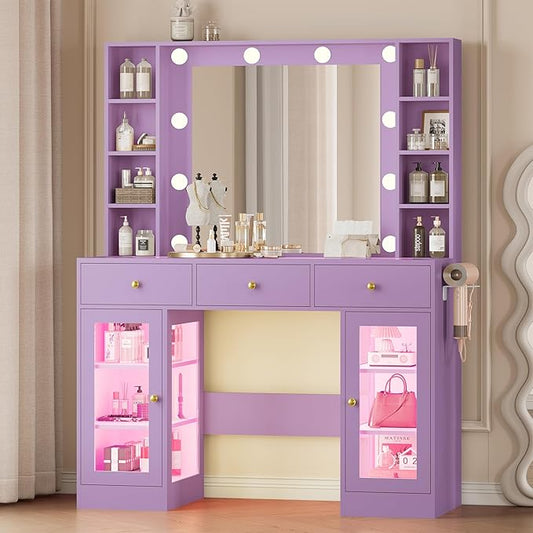 Makeup Vanity Desk with Mirror and Lights, Purple Vanity with Glass Top, LED Lights & Power Outlet, 3 Drawers & 2 RGB Glass Cabinets, Adjustable Lighted Dressing Table for Women & Girls Bedroom