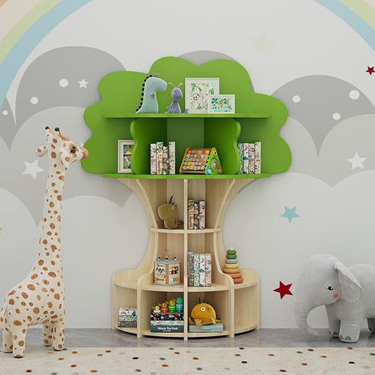 Tree Kids Bookshelf, Fun and Sturdy 5-Tier Wooden Book Organizer, Montessori Nursery Book Shelf for Toddlers, Kids Room and Playroom-YWL