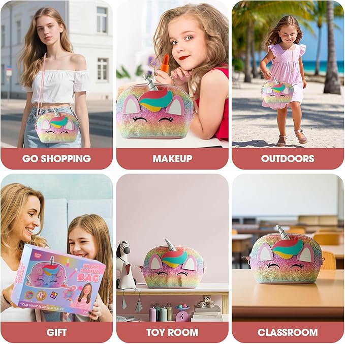 21 Pcs Kids Makeup Kit for Girls with Large Unicorn Travel Makeup Organizer, Washable Pretend Cosmetic Play Set with Portable Vanity Makeup Bag, Princess Make Up Gifts for Girls Ages 3+