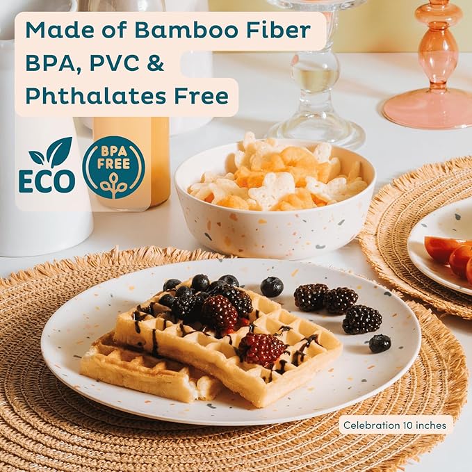 Nook Theory 4 Pack Reusable Bamboo Plates - Non-Toxic Toddler and Kids Plate, Dishwasher Safe, Not Microwavable Dinnerware (Fiesta 8")