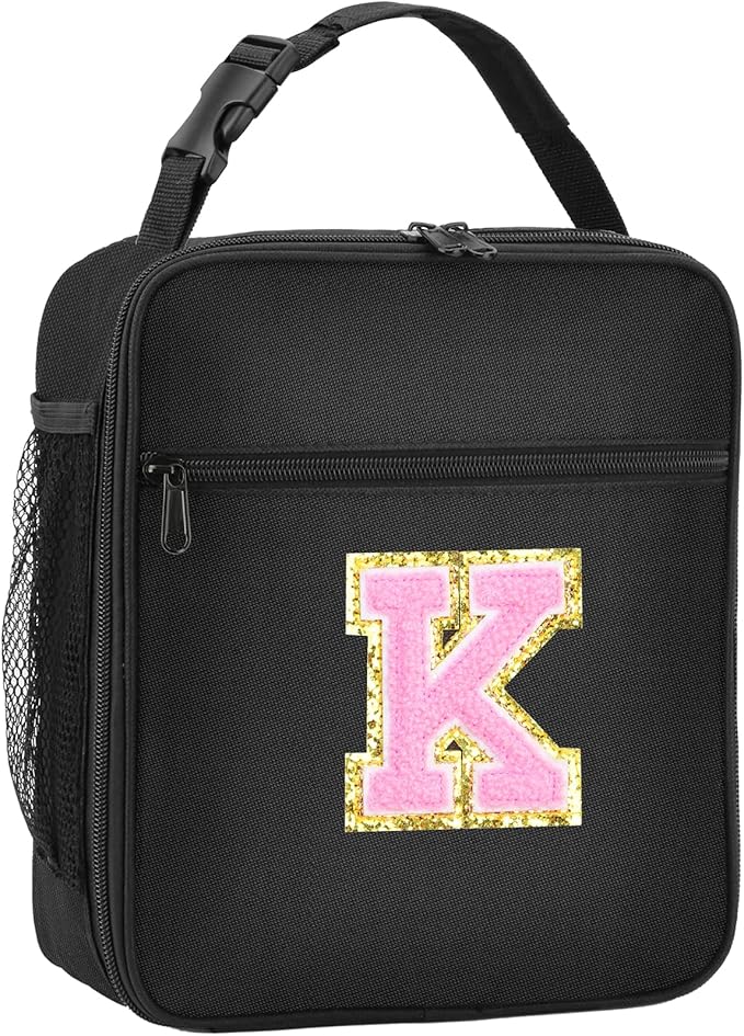 Initial Insulated Lunch Bag, Lunch Box with Initial Letter Patch for Teen Adult, Reusable Lunch Bag for Men Women, Ideal Back to School Gift Birthday Gift, Pink K