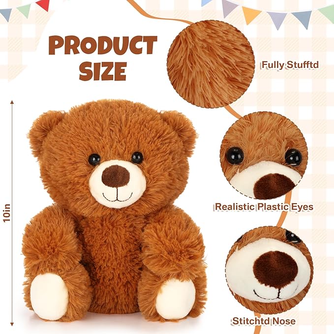 Jenaai 8 Pcs 10 Inches Stuffed Animal Bear Bulk Gift Soft Cute Baby Shower Bear Small Stuffed Plush Toys for Girls, Boys, Back to School Birthday Wedding Party(Retro Style)
