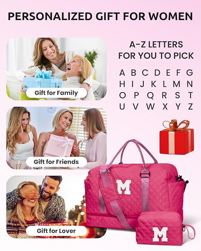 Gifts for Teen Girls 12-14, Birthday Gift-Initial Travel Bag with Shoe Compartment, Personalized Weekender Bag, Monogram Overnight Bag for Women, Letter Travel Bag with Makeup Bag (Letter M)