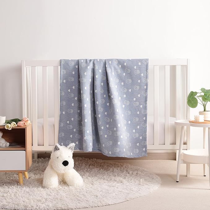 NTBAY 3 Layer Oversized Muslin Cotton Toddler Blanket, Jacquard Reversible Nursery Bed Blanket, Super Soft and Thermal for All Seasons, Baby Gift, 45"x60", Blue Rabbit