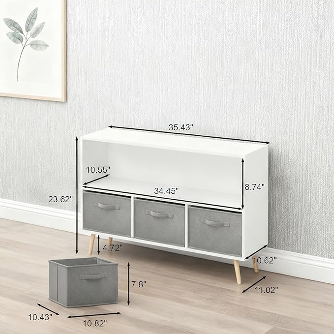 Kids Bookshelf, Wooden Bookshelf with 3 Collapsible Fabric Drawers and Pine Legs, Kids Bookcase with Storage for Books & Toys, White Multifunctional Bookcase for Nursery & Bedroom