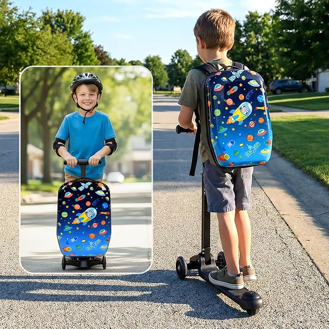 smilesun 4-in-1 Detachable Scooter Luggage for Kids & Teens, Foldable Hardside Ride On Suitcase with Wheels, Stylish and Safe Design(Navy Blue)
