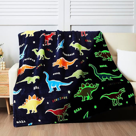 QSTEHEML Dinosaur Glow in The Dark Blanket,Dinosaur Gifts for Boys Age 3 4 5 6 7 8 9 10 11 12 Year Old, Soft Throw Blanket for Kids Boys- Christmas Birthday Bedroom Decor 50"×60"
