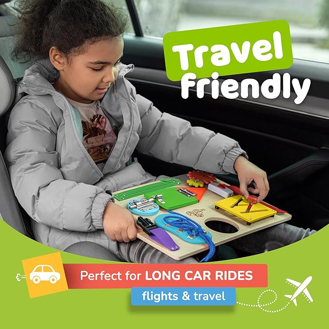 Sensory Busy Board for Toddlers, Premium Wooden Toddler Busy Board for 1 2 3 Year Old with 10 Educational Activities for Fine Motor Skills, Fidget Activity Toy for Travel Toy (Multicolored - Large)