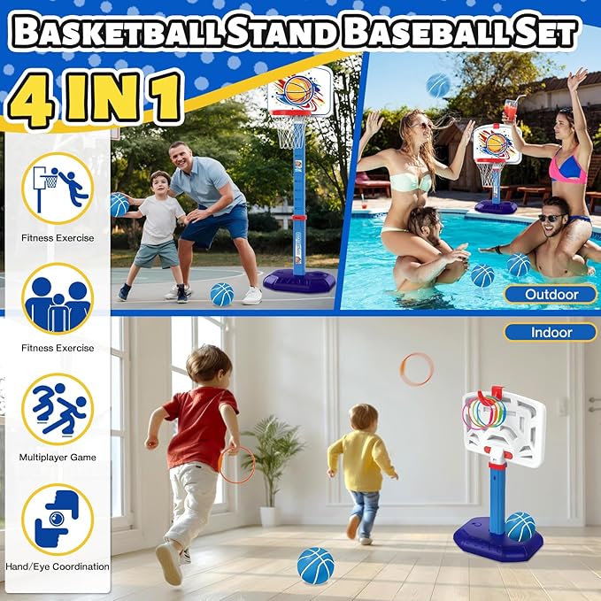 4 in 1 Kids Basketball Hoop Ring Toss T Ball Set - Adjustable Height Basketball Hoop & Baseball Pitching Machine & Batting Tee & Toss Game, Indoor Outdoor Toys Gifts for Toddler Boys Girls Age 3-12