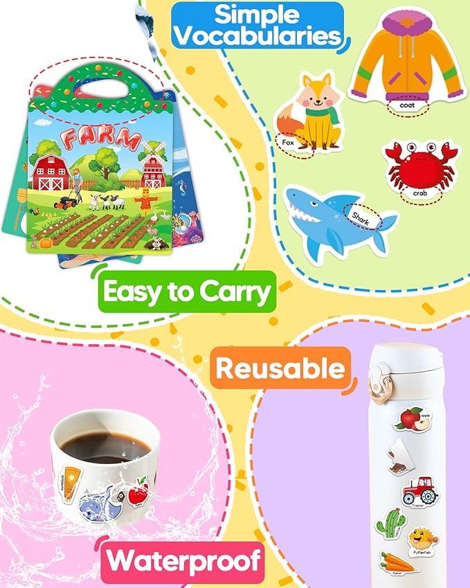 Benresive Reusable Sticker Book for Toddlers 2-4 Years, 3 Sets Travel Stickers for Kids, Waterproof Sticker Books for Toddlers 1-3, Crafts Activities for Todddlers 1-3 2-4 3-5