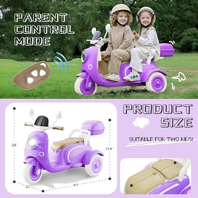 HEIMILI Kids Electric Motorcycle,Electric Scooter for 3 Year Old, Girls Toy, 3-Wheel 12V Ride On Scooter for Kids with Storage Compartments, Motorcycle for Girls (Purple)