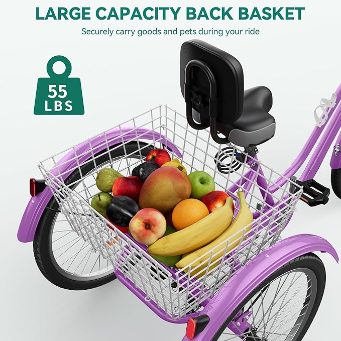 YITAHOME 24 & 26 Inch Adult Tricycle, 1 & 7 Speed 3 Wheel Bikes, Large Seat with Backrest Trike for Adults with Front & Rear Baskets, Cruiser Bike for Seniors Women Men Commute Picnic Outdoor