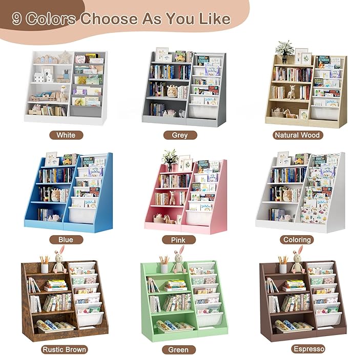 Kids Bookshelf for Bedroom Toddler Children Baby Bookcase 4-Tier for Nursery Book Toy Storage Organizer 5 Sling Book Display Shelf Book Rack Wood Classroom Playroom Rustic Brown