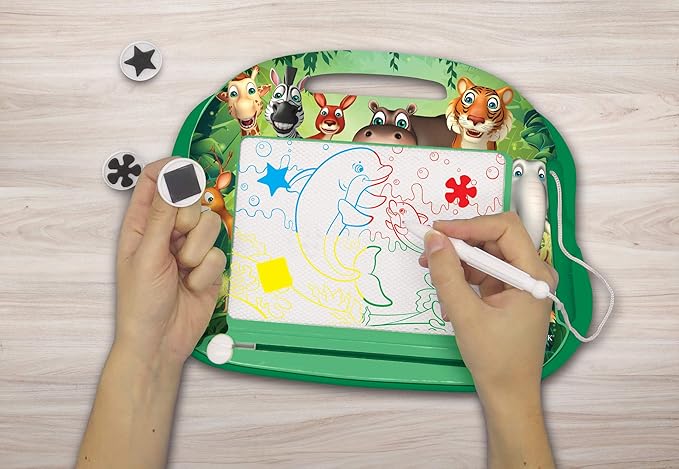 LEXiBOOK, Multicolor Magic Magnetic Animals Drawing Board, Artistic Creative Toy for Girls and Boys, Stylus Pen and Stamps, Green, CRANX550