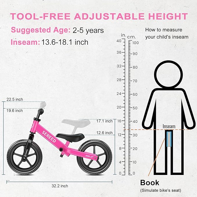 SEREED Toddler Balance Bike 2 Year Old, No Pedal Kids Toy Bike for 2-5 Years Old, Tool-Free Adjustment, Gift for 2-3 Boys Girls, Customize Plate with 3pcs Stickers (Rose Pink)