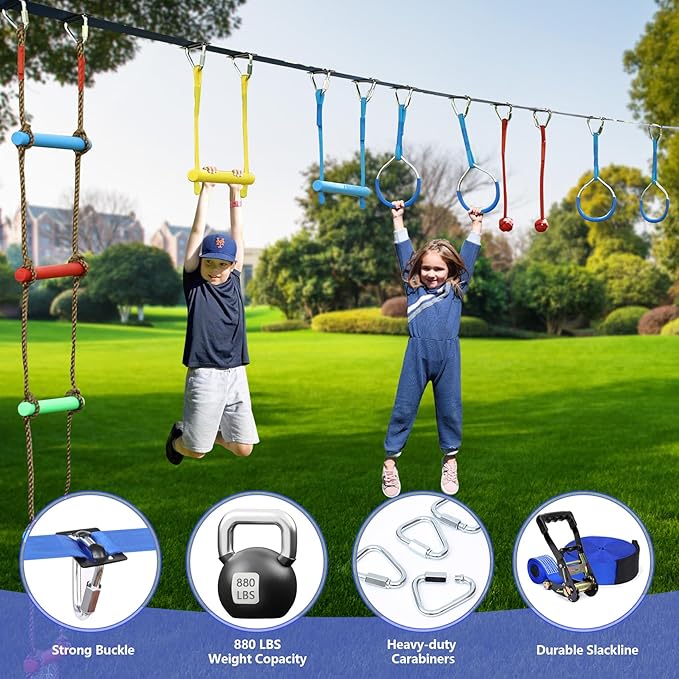 2x56FT Ninja Warrior Obstacle Course for Kids, Ninja Slackline with 11 Accessories, Slackline Kit with Pulley, Rope Ladder, Monkey Bar,Arm Trainer, Climbing Rope