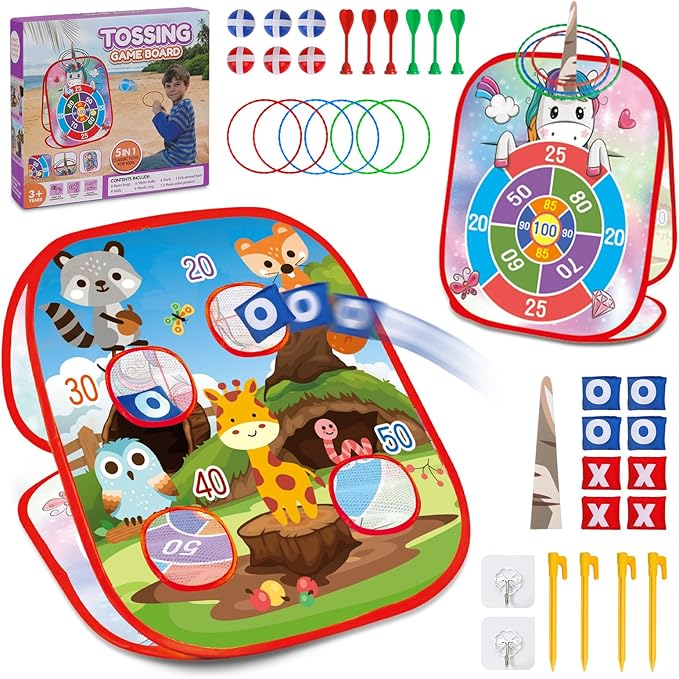 Bean Bag Toss Game Outdoor Toys for Kids-Cornhole Board-Family Party Tic Tac Toe Toys 5-in-1 Outside Yard Backyard Lawn Beach Games Toy for Ages 3 4 5 6 7 8 Year Old Girs Boys Christmas Birthday Gift