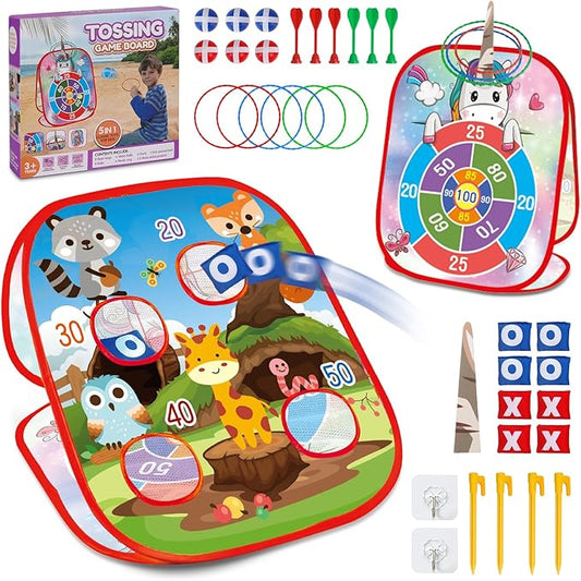 Bean Bag Toss Game Outdoor Toys for Kids-Cornhole Board-Family Party Tic Tac Toe Toys 5-in-1 Outside Yard Backyard Lawn Beach Games Toy for Ages 3 4 5 6 7 8 Year Old Girs Boys Christmas Birthday Gift