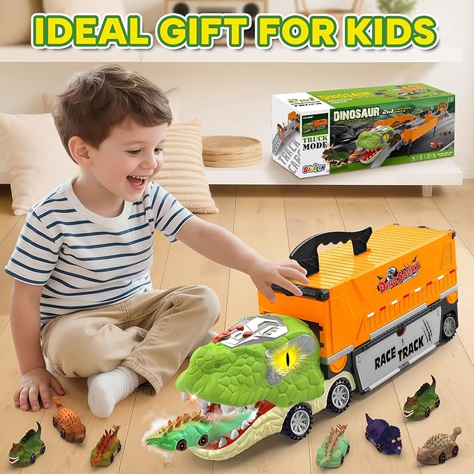 Dinosaur Carrier Truck Race Track Toys for Kids 3-5, Large Toy Cars Track Set with 8 Small Dinosaur Cars, T-Rex Transport Carrier, Christmas Birthday Gifts for 3 4 5 6 7 Year Old Toddler Boys Girls