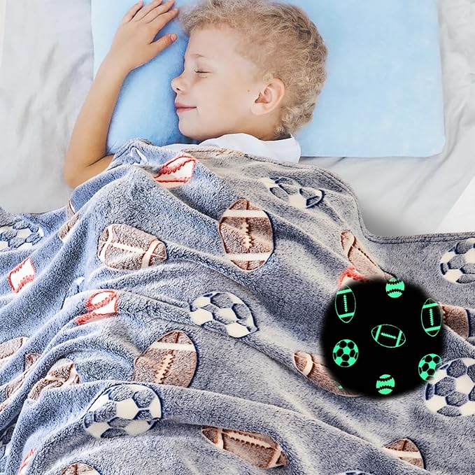 Wajade Sports Balls Gifts Toys for Boys Girls - Glow in The Dark Sports Balls Blanket Birthday Christmas Decor for Kids Age 3 4 5 6 7 8 9 10 11 12 Years Old Teens Child Throw Light Grey 50"x60"