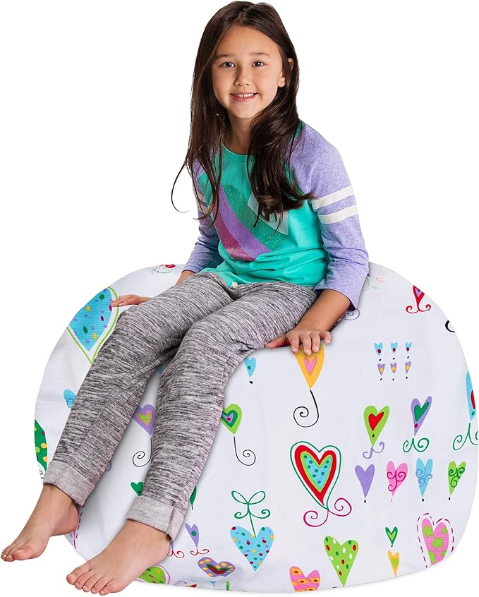 Posh Stuffable Kids Stuffed Animal Storage Bean Bag Chair Cover - Childrens Toy Organizer, Large-38 - Canvas Multi-Colored Hearts on White