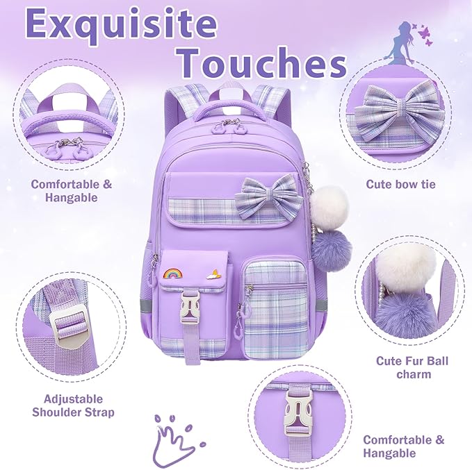 School Backpack for Girls Kids Bookbag for Elementary Middle School Casual Travel Daypack Teen Backpacks Purple Set