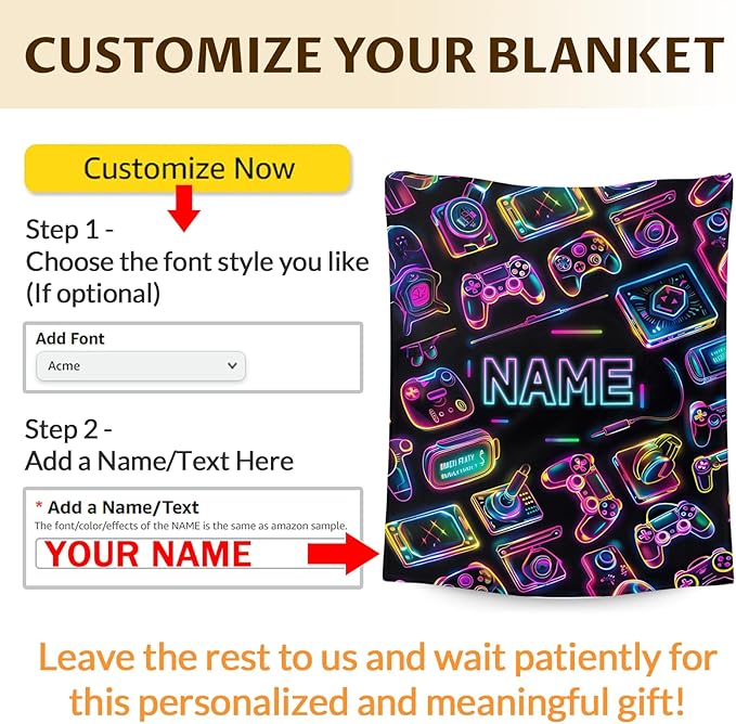 Custom with Name Kids Blanket - 50x40 Inches Small Gamer Gifts for Boys 8-12, Black Soft Cozy Blankets for Couch, Sofa - Personalized Gamer Themed Stuff Throws Gifts for Gaming Lovers